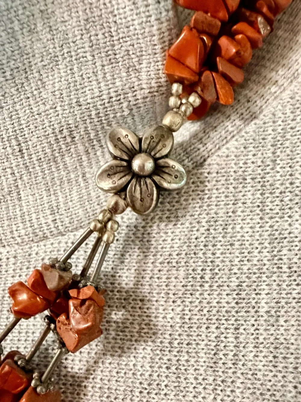 Artisan Orange Chip Bead Silver Tone Tassel Statement Necklace